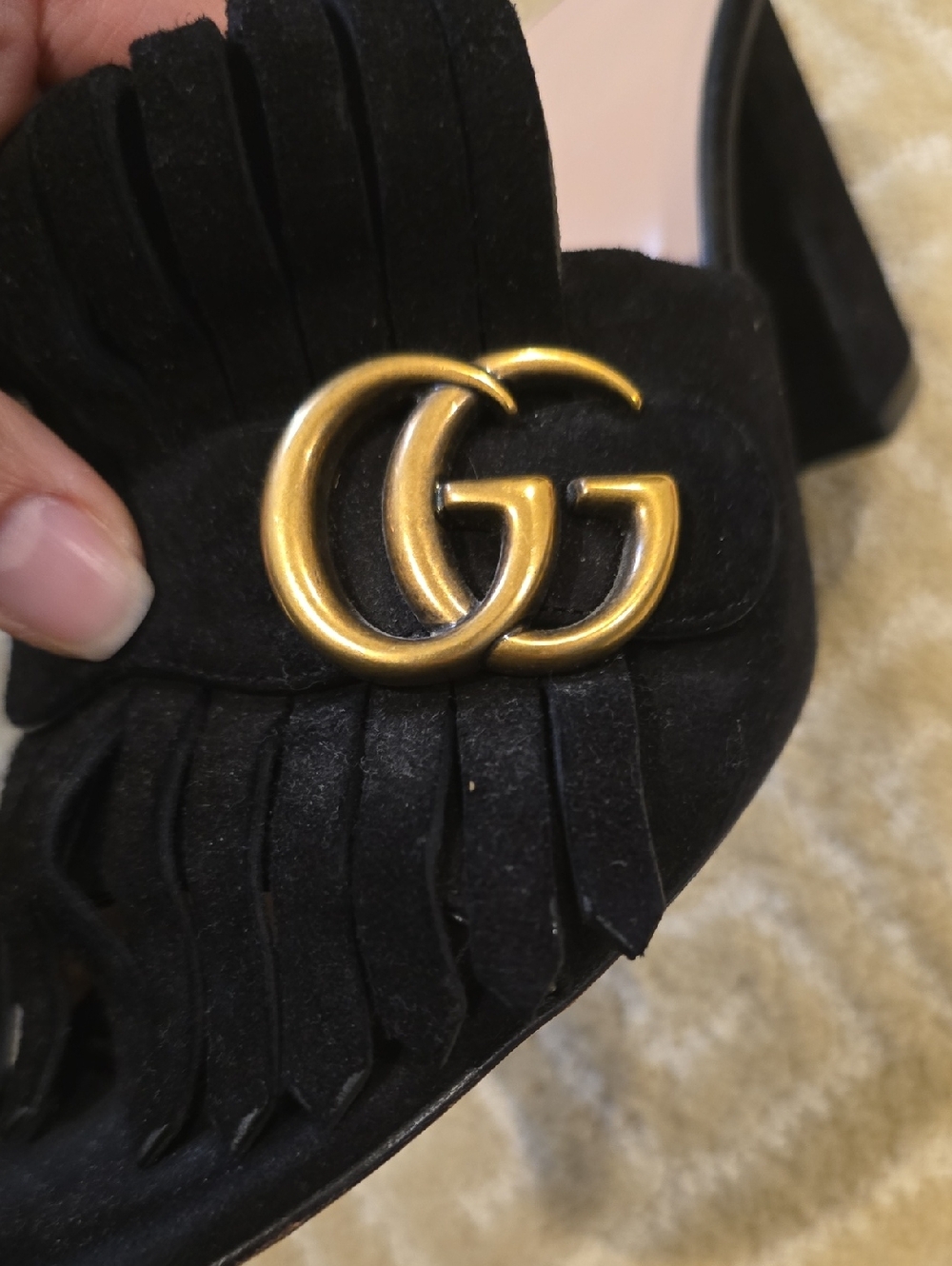 Gucci Black Suede Fringe Mules with Gold Double G, Size 38 - Picture 6 of 12